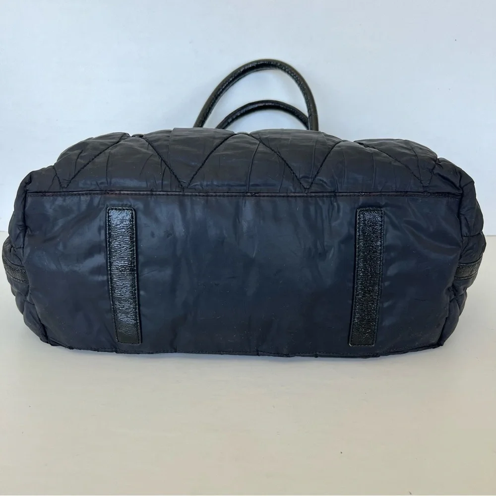 KATE SPADE Stevie Black Quilted Nylon Patent Leather Studded Shoulder Bag Tote